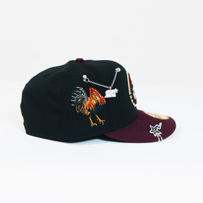 NEW ERA EXCLUSIVE 59FIFTY BLACK/ BURGUNDY CHARROS DE JALISCO W/ EL GALLO SIDE PATCH