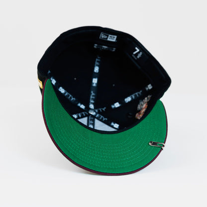 NEW ERA EXCLUSIVE 59FIFTY BLACK/ BURGUNDY CHARROS DE JALISCO W/ EL GALLO SIDE PATCH