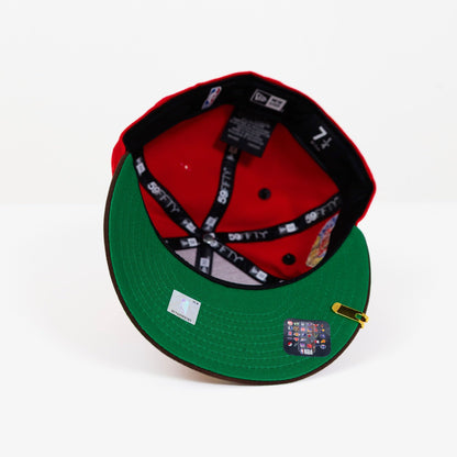 NEW ERA EXCLUSIVE 59FIFTY RED/ WALNUT LOS ANGELES LAKERS SCRIPT W/ 17X CHAMPIONS SIDE PATCH