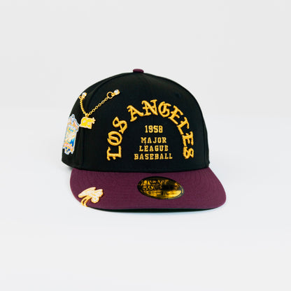 NEW ERA EXCLUSIVE 59FIFTY BLACK LOS ANGELES DODGERS "1958 MLB SCRIPT" W/ 40TH ANNIVERSARY SIDE PATCH
