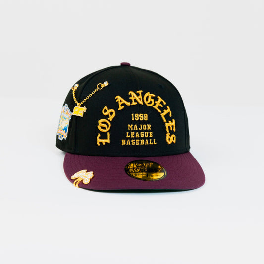 NEW ERA EXCLUSIVE 59FIFTY BLACK LOS ANGELES DODGERS "1958 MLB SCRIPT" W/ 40TH ANNIVERSARY SIDE PATCH