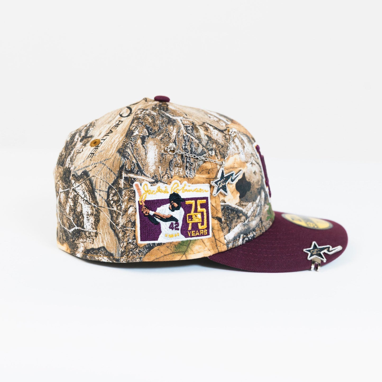 NEW ERA EXCLUSIVE 59FIFTY REALTREE/ BURGUNDY LOS ANGELES DODGERS W/ "JACKIE ROBINSON" SIDE PATCH