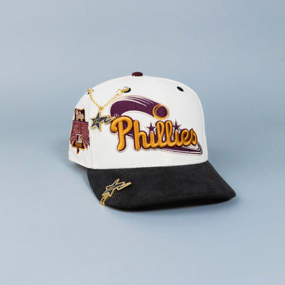 NEW ERA EXCLUSIVE 59FIFTY CHROME/ CORDUROY PHILADELPHIA PHILLIES SCRIPT W/ 1996 ALL STAR GAME PATCH