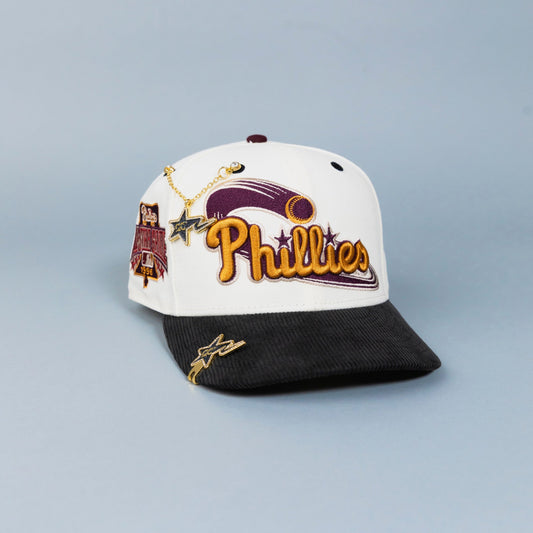 NEW ERA EXCLUSIVE 59FIFTY CHROME/ CORDUROY PHILADELPHIA PHILLIES SCRIPT W/ 1996 ALL STAR GAME PATCH