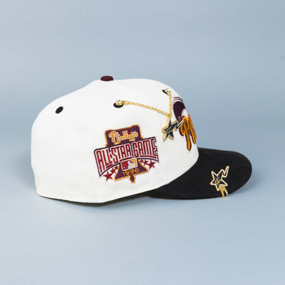 NEW ERA EXCLUSIVE 59FIFTY CHROME/ CORDUROY PHILADELPHIA PHILLIES SCRIPT W/ 1996 ALL STAR GAME PATCH