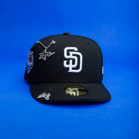 NEW ERA EXCLUSIVE 59FIFTY BLACK SAN DIEGO PADRES W/ 40TH ANNIVERSARY SIDE PATCH