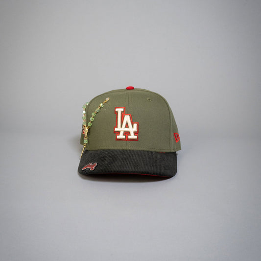 NEW ERA EXCLUSIVE 59FIFTY OLIVE GREEN/ CORDUROY LOS ANGELES DODGERS W/ 40TH ANNIVERSARY SIDE PATCH
