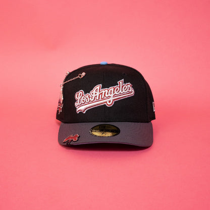 NEW ERA EXCLUSIVE 59FIFTY BLACK/ DARK GREY LOS ANGELES DODGERS SCRIPT W/ 40TH ANNIVERSARY SIDE PATCH
