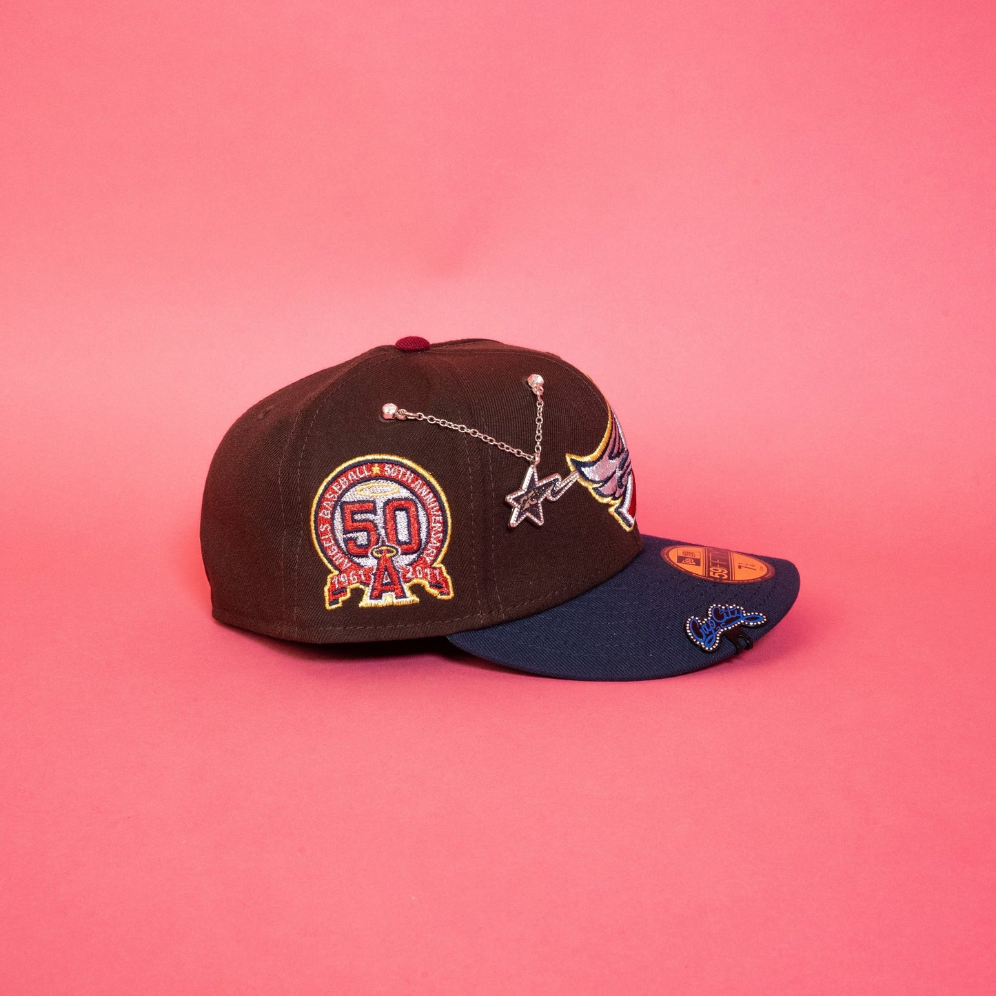 NEW ERA 59FIFTY BROWN/ NAVY ANAHEIM ANGELS W/ 50TH ANNIVERSARY SIDE PATCH
