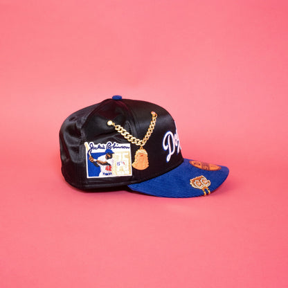 NEW ERA EXCLUSIVE 59FIFTY SATIN/ CORDUROY LOS ANGELES DODGERS SCRIPT W/ JACKIE ROBINSON SIDE PATCH