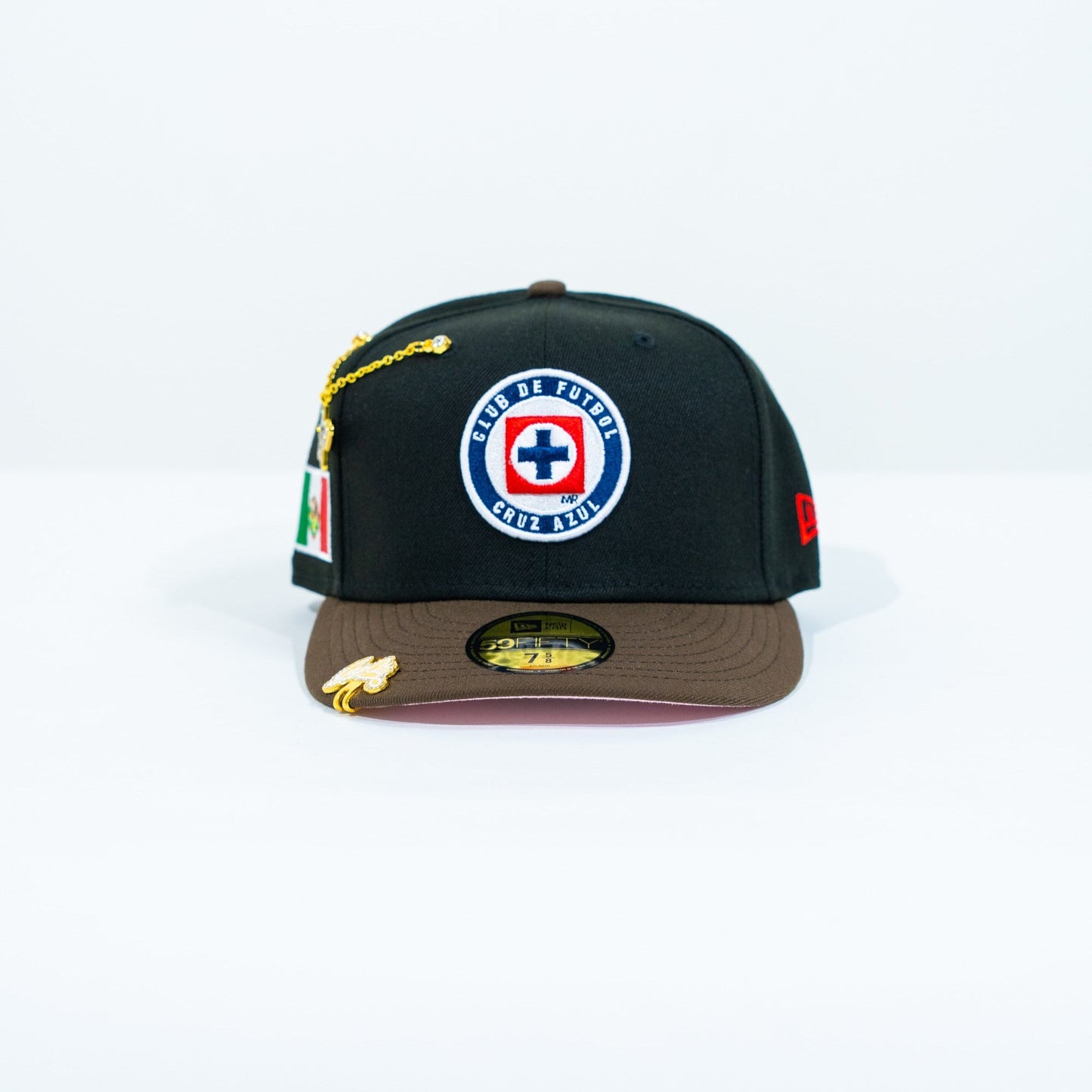 NEW ERA EXCLUSIVE 59FIFTY BLACK/ BROWN "CLUB CRUZ AZUL" W/ MEXICO FLAG SIDE PATCH