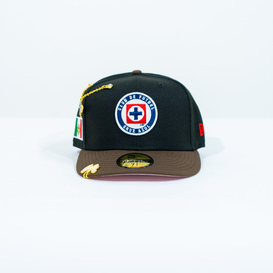 NEW ERA EXCLUSIVE 59FIFTY BLACK/ BROWN "CLUB CRUZ AZUL" W/ MEXICO FLAG SIDE PATCH
