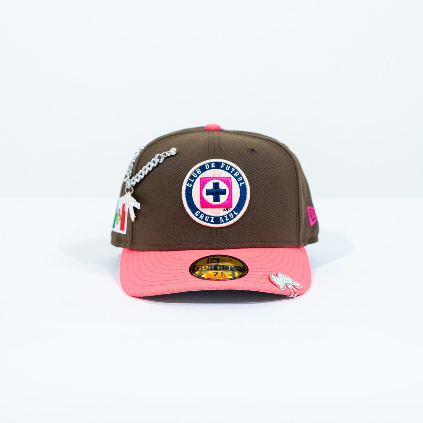NEW ERA EXCLUSIVE 59FIFTY BROWN/ NEON PINK "CLUB CRUZ AZUL" W/ MEXICO FLAG SIDE PATCH