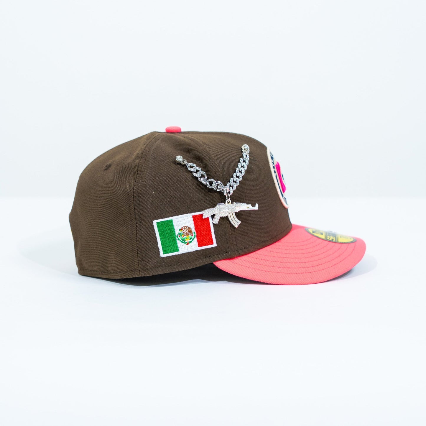 NEW ERA EXCLUSIVE 59FIFTY BROWN/ NEON PINK "CLUB CRUZ AZUL" W/ MEXICO FLAG SIDE PATCH