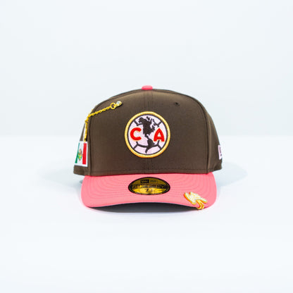 NEW ERA EXCLUSIVE 59FIFTY BROWN/ NEON PINK "CLUB AMERICA" W/ MEXICO FLAG SIDE PATCH