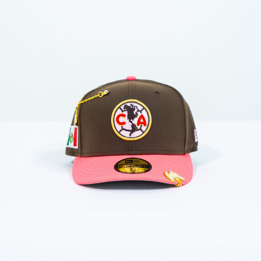 NEW ERA EXCLUSIVE 59FIFTY BROWN/ NEON PINK "CLUB AMERICA" W/ MEXICO FLAG SIDE PATCH