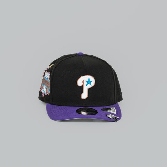 NEW ERA EXCLUSIVE 9FIFTY A-FRAME BLACK/ PURPLE PHILADELPHIA PHILLIES SNAPBACK W/ 1996 ALL STAR GAME PATCH