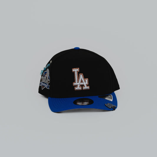 NEW ERA EXCLUSIVE 9FIFTY A-FRAME BLACK/ BLUE LOS ANGELES DODGERS SNAPBACK W/ 2024 WORLD SERIES CHAMPIONS SIDE PATCH