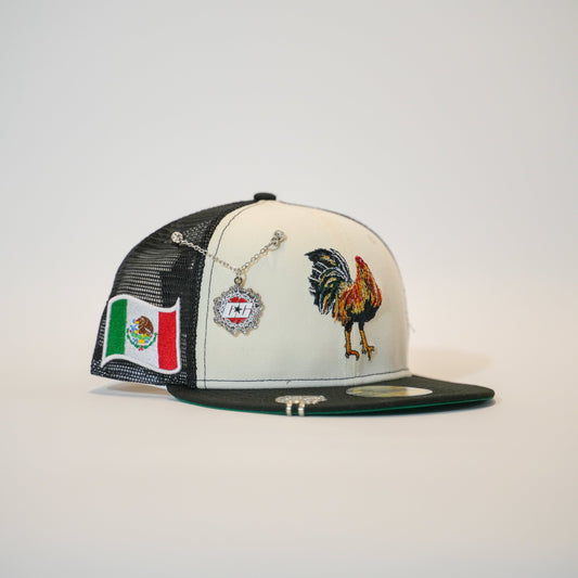 NEW ERA EXCLUSIVE 59FIFTY CHROME/ BLACK MEXICO "EL GALLO" MESHBACK W/ MEXICO FLAG SIDE PATCH
