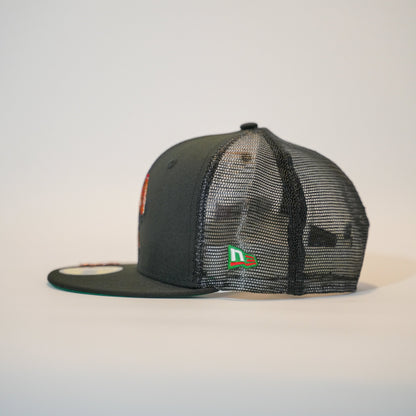 NEW ERA EXCLUSIVE 59FIFTY BLACK MEXICO "EL GALLO" MESHBACK W/ MEXICO FLAG SIDE PATCH