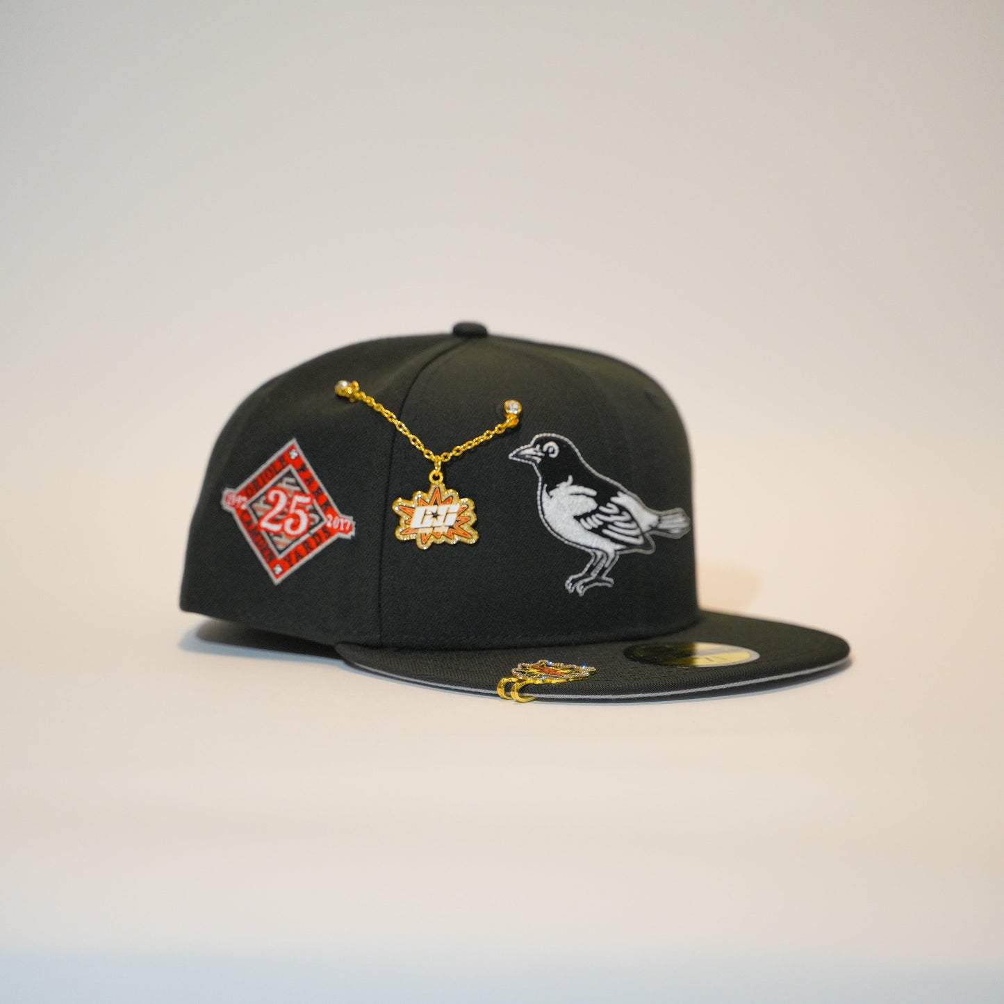 NEW ERA EXCLUSIVE 59FIFTY BLACK BALTIMORE ORIOLES W/ 25TH ANNIVERSARY SIDE PATCH