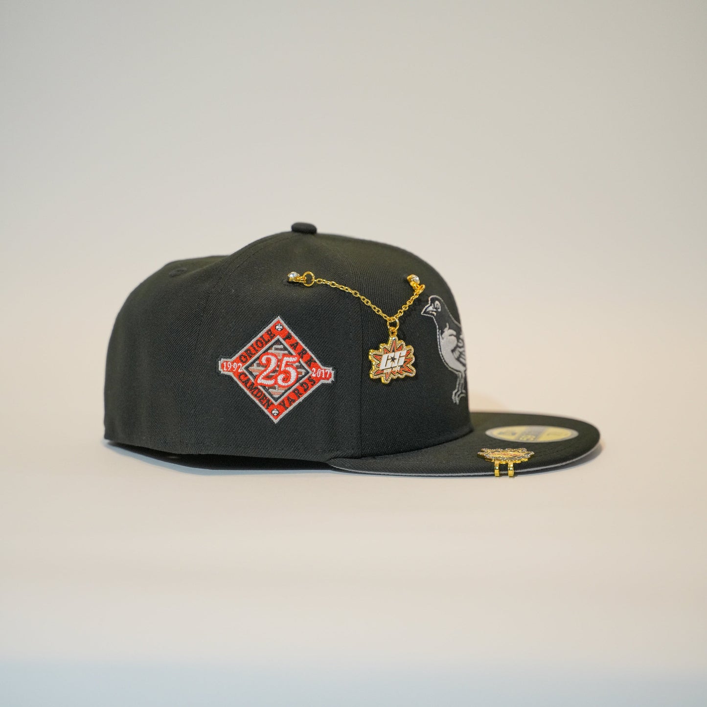 NEW ERA EXCLUSIVE 59FIFTY BLACK BALTIMORE ORIOLES W/ 25TH ANNIVERSARY SIDE PATCH
