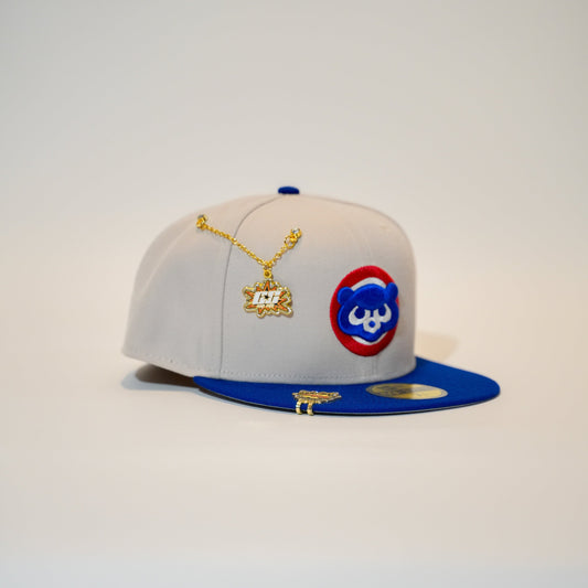 NEW ERA EXCLUSIVE 59FIFTY STONE GREY/ BLUE CHICAGO CUBS W/ 2016 WORLD SERIES EMBROIDERY