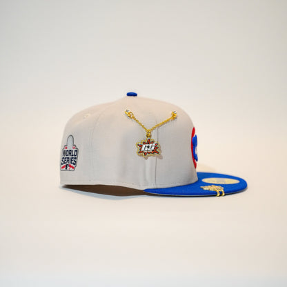 NEW ERA EXCLUSIVE 59FIFTY STONE GREY/ BLUE CHICAGO CUBS W/ 2016 WORLD SERIES EMBROIDERY