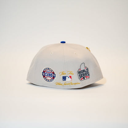 NEW ERA EXCLUSIVE 59FIFTY STONE GREY/ BLUE CHICAGO CUBS W/ 2016 WORLD SERIES EMBROIDERY