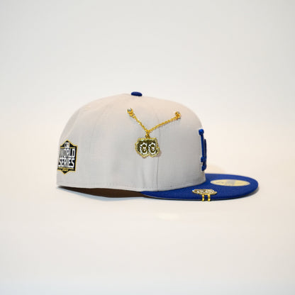 NEW ERA EXCLUSIVE 59FIFTY STONE GREY/ BLUE LOS ANGELES DODGERS W/ 2020 WORLD SERIES SIDE EMBRIDERY