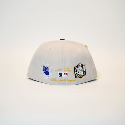 NEW ERA EXCLUSIVE 59FIFTY STONE GREY/ BLUE LOS ANGELES DODGERS W/ 2020 WORLD SERIES SIDE EMBRIDERY