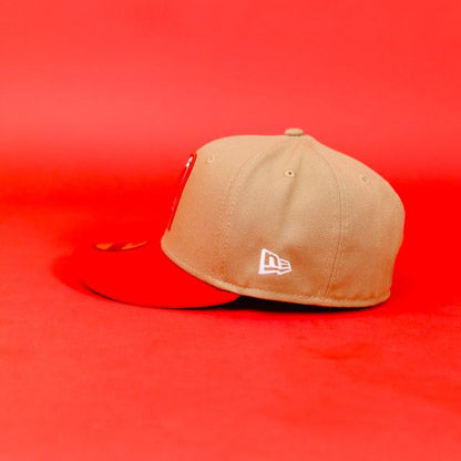 NEW ERA EXCLUSIVE 59FIFTY CAMEL BROWN/ RED MEXICO 2025 WORLD BASEBALL CLASSIC W/ MEXICO FLAG SIDE PATCH