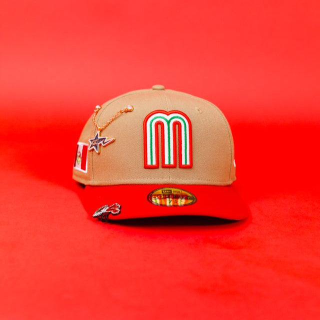 NEW ERA EXCLUSIVE 59FIFTY CAMEL BROWN/ RED MEXICO 2025 WORLD BASEBALL CLASSIC W/ MEXICO FLAG SIDE PATCH