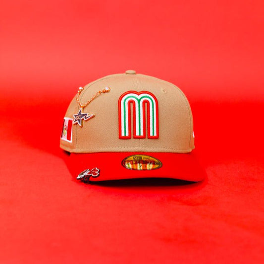 NEW ERA EXCLUSIVE 59FIFTY CAMEL BROWN/ RED MEXICO 2025 WORLD BASEBALL CLASSIC W/ MEXICO FLAG SIDE PATCH