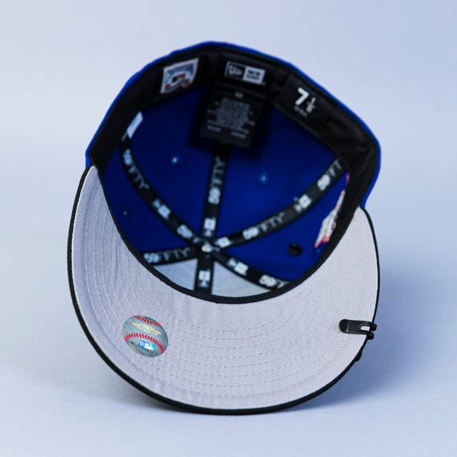 NEW ERA EXCLUSIVE 59FIFTY BLUE/ BLACK CLEVELAND INDIANS SCRIPT W/ "JACOBS FIELD" SIDE PATCH