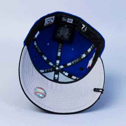 NEW ERA EXCLUSIVE 59FIFTY BLUE/ BLACK CLEVELAND INDIANS SCRIPT W/ "JACOBS FIELD" SIDE PATCH