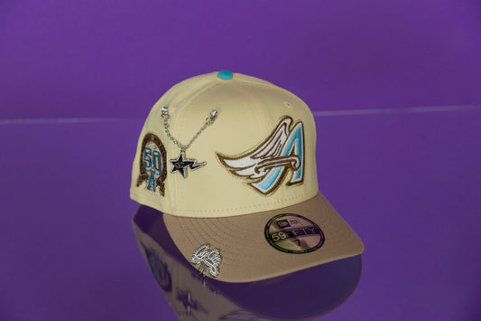 NEW ERA 59FIFTY VEGAS GOLD/LIGHT KHAKI ANAHEIM ANGELS W/ 50TH ANNIVERSARY SIDE PATCH
