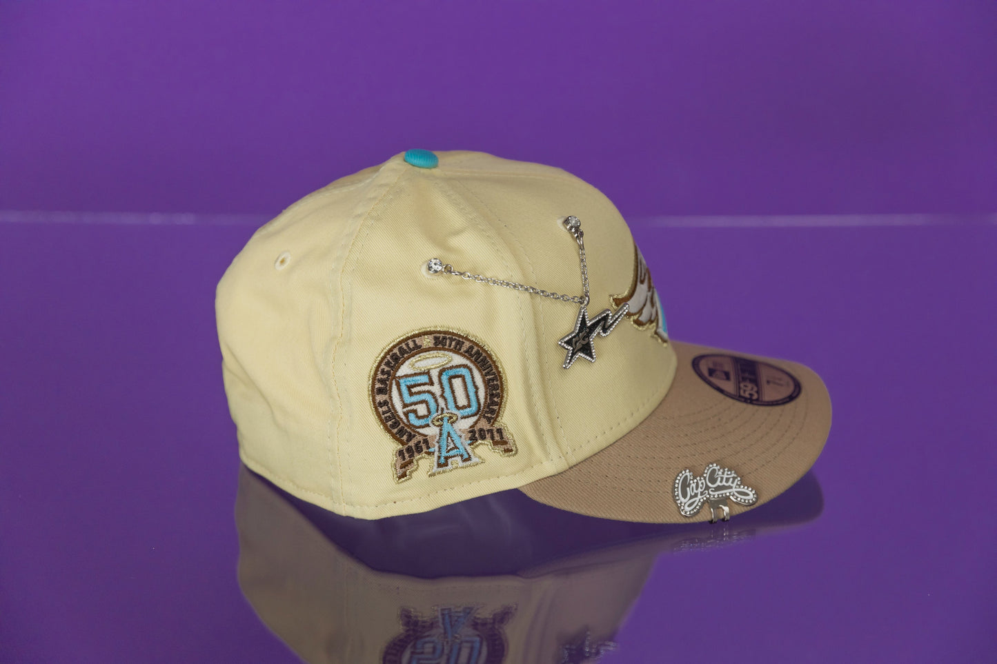 NEW ERA 59FIFTY VEGAS GOLD/LIGHT KHAKI ANAHEIM ANGELS W/ 50TH ANNIVERSARY SIDE PATCH