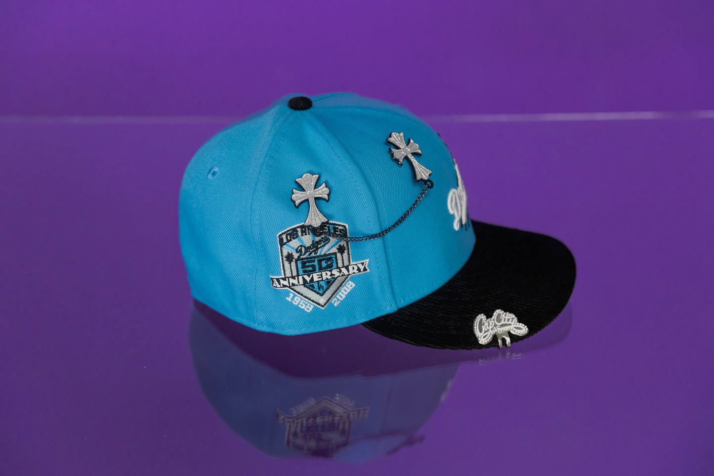 NEW ERA EXCLUSIVE 59FIFTY ICY BLUE/CORDUROY LOS ANGELES DODGERS W/ 50TH ANNIVERSARY SIDE PATCH