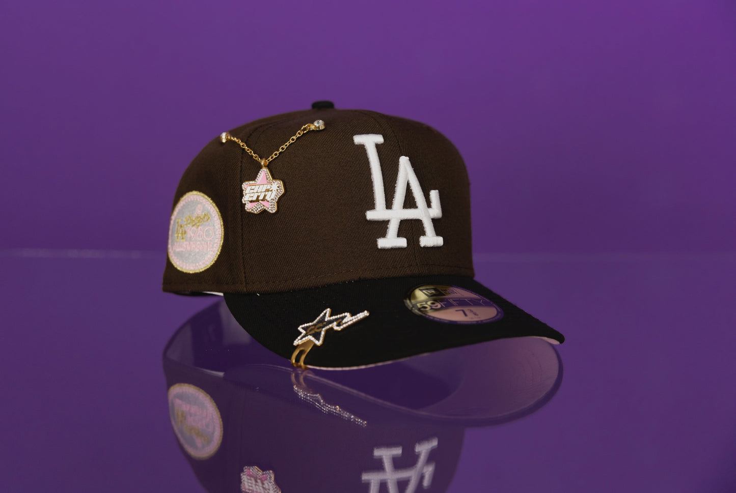 NEW ERA EXCLUSIVE 59FIFTY BROWN/BLACK LOS ANGELES DODGERS W/ 1980 ASG SIDE PATCH + 1ST WORLD SERIES PATCH
