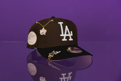 NEW ERA EXCLUSIVE 59FIFTY BROWN/BLACK LOS ANGELES DODGERS W/ 1980 ASG SIDE PATCH + 1ST WORLD SERIES PATCH