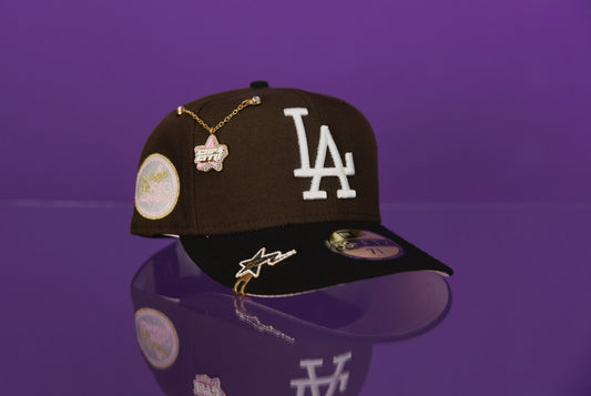 NEW ERA EXCLUSIVE 59FIFTY BROWN/BLACK LOS ANGELES DODGERS W/ 1980 ASG SIDE PATCH + 1ST WORLD SERIES PATCH