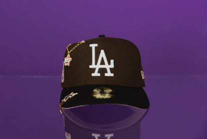 NEW ERA EXCLUSIVE 59FIFTY BROWN/BLACK LOS ANGELES DODGERS W/ 1980 ASG SIDE PATCH + 1ST WORLD SERIES PATCH