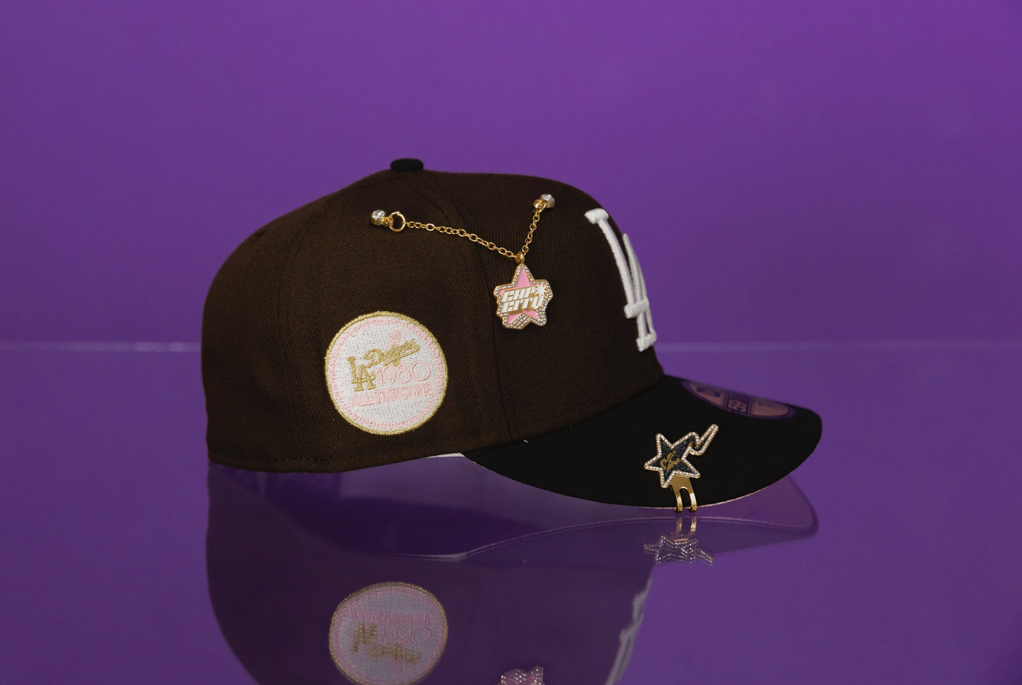 NEW ERA EXCLUSIVE 59FIFTY BROWN/BLACK LOS ANGELES DODGERS W/ 1980 ASG SIDE PATCH + 1ST WORLD SERIES PATCH
