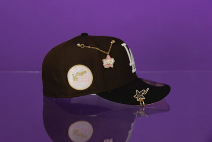 NEW ERA EXCLUSIVE 59FIFTY BROWN/BLACK LOS ANGELES DODGERS W/ 1980 ASG SIDE PATCH + 1ST WORLD SERIES PATCH