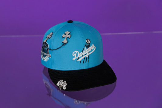 NEW ERA EXCLUSIVE 59FIFTY ICY BLUE/CORDUROY LOS ANGELES DODGERS W/ 50TH ANNIVERSARY SIDE PATCH