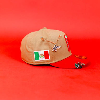 NEW ERA EXCLUSIVE 59FIFTY CAMEL BROWN/ RED MEXICO 2025 WORLD BASEBALL CLASSIC W/ MEXICO FLAG SIDE PATCH