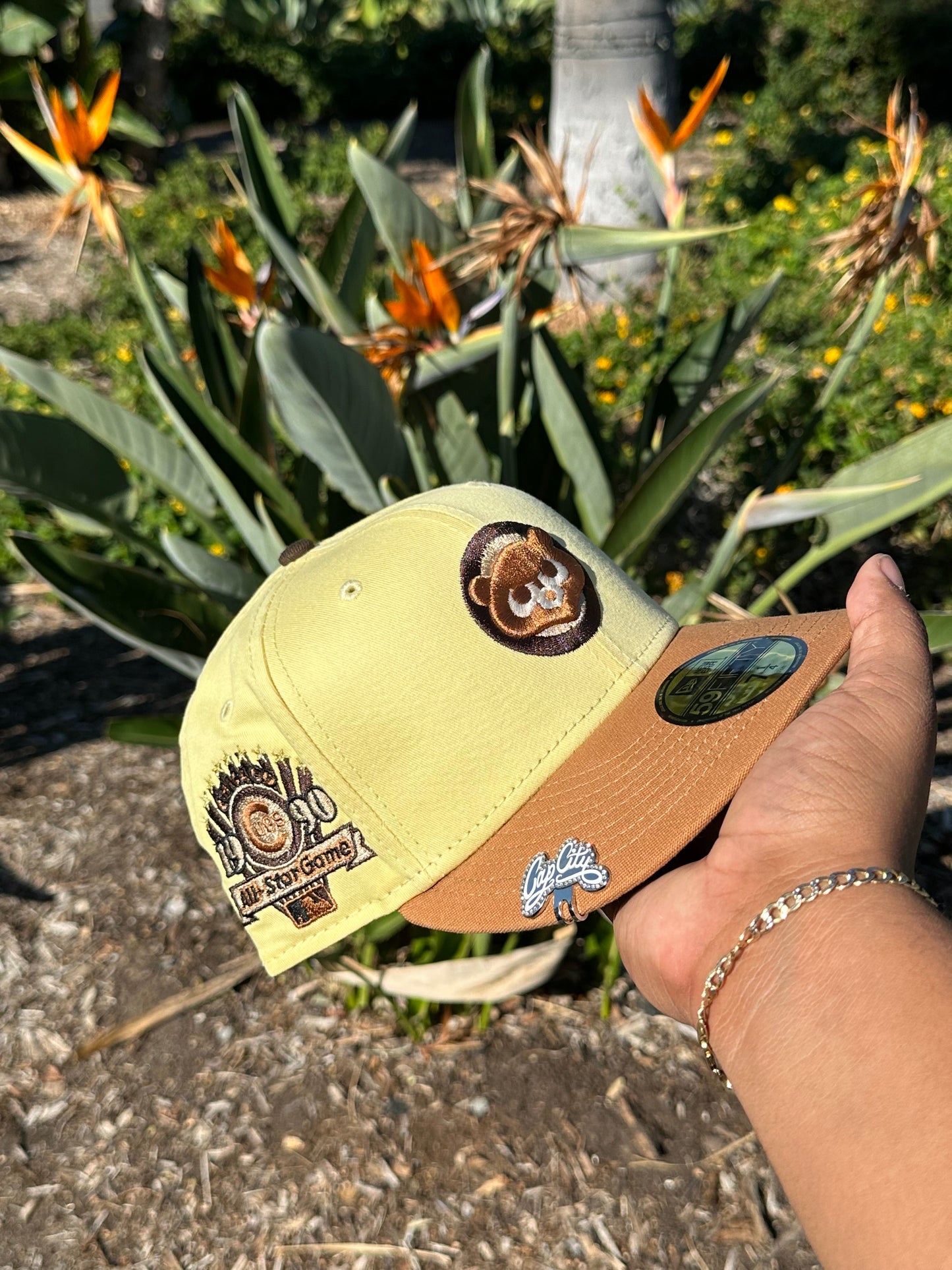 NEW ERA EXCLUSIVE 59FIFTY YELLOW/KHAKI CHICAGO CUBS W/ 1990 ALL STAR GAME PATCH