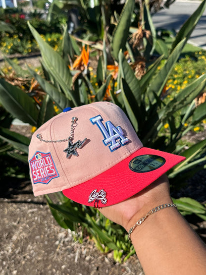NEW ERA EXCLUSIVE 59FIFTY BLUSH/LAVA RED LOS ANGELES DODGERS W/ 2020 WORLD SERIES PATCH