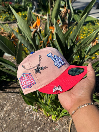 NEW ERA EXCLUSIVE 59FIFTY BLUSH/LAVA RED LOS ANGELES DODGERS W/ 2020 WORLD SERIES PATCH